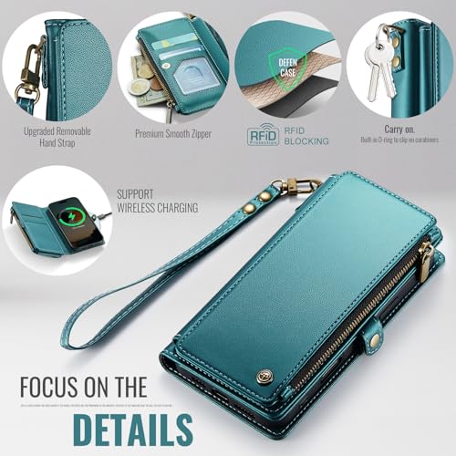 Defencase for iPhone 13 Pro Wallet Case with RFID Card Holder, Blue Green | Durable Soft PU Leather, with Zipper Pocket, Wrist Strap, Fashion Snap Flip Phone Cases Cover with Stand for Women and Men - color: Blue Green