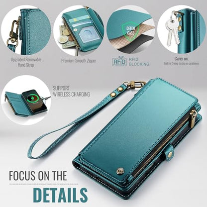 Defencase for iPhone 13 Pro Wallet Case with RFID Card Holder, Blue Green | Durable Soft PU Leather, with Zipper Pocket, Wrist Strap, Fashion Snap Flip Phone Cases Cover with Stand for Women and Men - color: Blue Green
