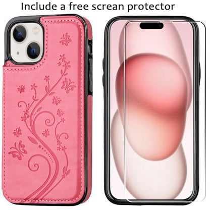 Wallet Case Compatible with iPhone 15,Slim Protective case with Card Holder,Premium PU Leather Kickstand Card Slots with Double Magnetic Clasp for iPhone 15(6.1")-Pink Butterfly - color: Pink
