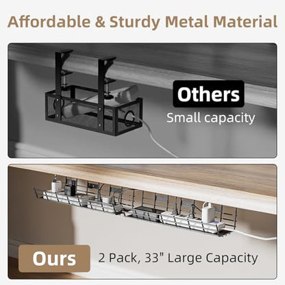 2 Pack DELAMU Under Desk Cable Management Tray, Large Metal Cord Organizer, Office & Home Cord Wire Management Under Desk Shelf, Easy Install Pre-drilled Cable Organizer, Black - size: 2 Pack