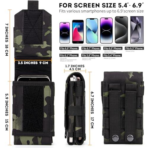 Dual Tactical Phone Pouch Molle Phone Holster Double Capacity Holder Universal Utility EDC Pouch for iPhone 17 Pro Max/17 Pro/16 Pro Max/16 Pro/15 Pro Max/15 - color: Black Camo