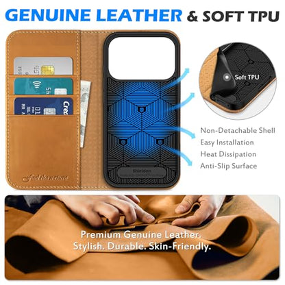 SHIELDON Real Leather Wallet Case for iPhone 17 Pro 6.3", Retro Light Brown | Magnetic Closure, RFID Blocking, Credit Card Slot, Kickstand, Flip Book Design, Shockproof Phone Cover - color: Retro Light Brown