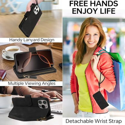 RANYOK Compatible with iPhone 16 Pro Max Wallet Case - PU Leather Wallet Case for iPhone 16 Pro Max with Credit Card Holder RFID Blocking Zipper Pocket [Wrist Strap] Protective Case (Black) - color: Black, size: iPhone 16 Pro Max, 6.9"