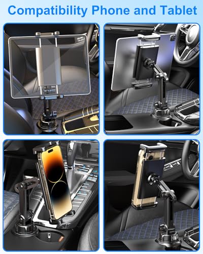 Cup Holder Tablet Mount for Car, iPad Cup Holder Mount for Truck with Adjustable Arm, Car Cup Tablet Holder for iPad Pro 12.9, Air, Mini, iPhone, Galaxy Tab/Z Fold, 4.7-13" Tablets