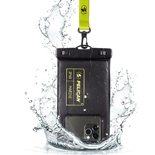 Pelican Marine Waterproof Phone Pouch (Regular) -Black/Hi-Vis Yellow | Touchscreen IP68 Floating Waterproof Phone Case w/Detachable Lanyard - Fits All Phones - Beach Cruise Ship Travel Essentials - color: Black/Neon - 1 Pack - Regular, size: Regular, styl