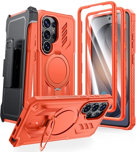 FNTCASE for Samsung Galaxy S26 Ultra Case Fit for MagSafe with Belt Clip | Built-in Screen Protector, 2 Front Frames, Sturdy Magnetic Kickstand, 360 Rotatable Holster, Military-Grade Heavy Duty Cover - color: Orange, size: For Samsung Galaxy S26 Ultra（6.9