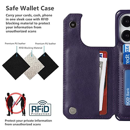 iCoverCase Compatible with iPhone 14 Pro Wallet Phone Case with Card Holder for Women, RFID Blocking Embossed PU Leather Wrist Strap Case 6.1 Inch (Macaron Dark Purple) - color: P-Dark Purple