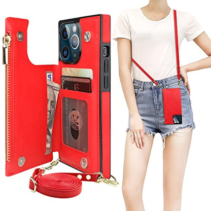 Bocasal Crossbody Wallet Case with Strap for iPhone 13 Pro, Red - color: Red