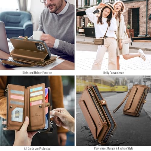 Strapurs Wallet Case Compatible with iPhone 14 Plus RFID Blocking 10-Card Holder Soft PU Leather Magnetic Snap Shoulder Strap Zipper Pocket Phone Case Fit for iPhone 14 Plus 6.7" - Brown | RFID Blocking 10-Card Holder, Shoulder Lanyard, Wirst Strap, Zippe