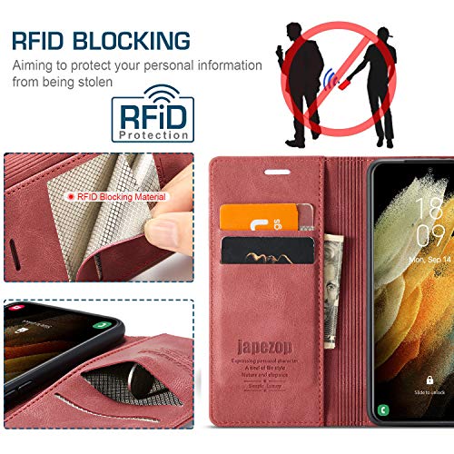 Samsung Galaxy S21 FE 5G Wallet Case with Card Holder RFID Blocking Kickstand Magnetic,Leather Flip Case Wallet for Samsung Galaxy S21 FE 5G 6.4 Inch (Wine Red) - color: Wine Red, size: S21 FE 6.4"