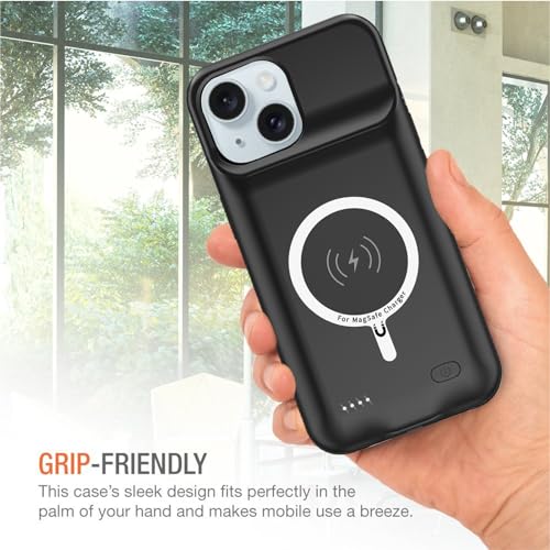 Wireless Charging Case for iPhone 15, 10000mAh High Capacity Portable Rechargeable Protective Battery Case Wireless Charging Compatible with iPhone 15 (6.1 inch) Extended Battery Charger Case (Black) - size: iPhone 15