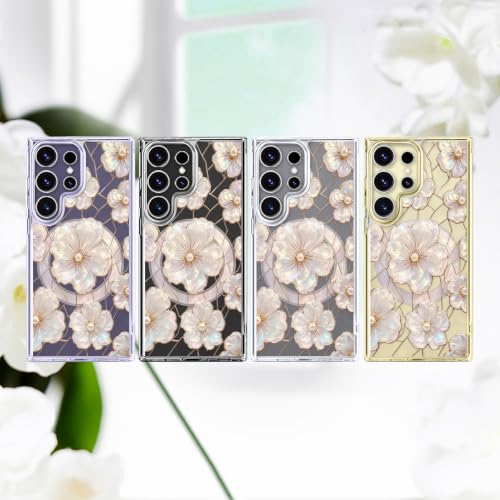 for Samsung Galaxy S24 Ultra Magnetic Case【Compatible with MagSafe】 Aesthetic Oil Painting Stained Glass Flower Design, Slim Fit Hard PC Back Shockproof Cute Clear Phone Cover, Light Pink - color: Light Pink, size: Galaxy S24 Ultra