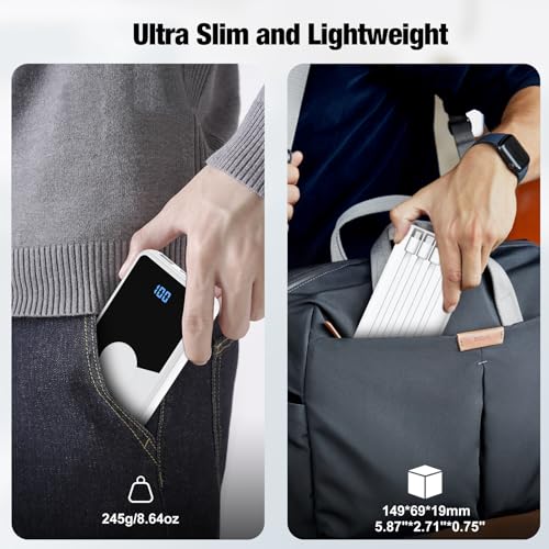 Portable Charger with Built in Cables,High Speed Power Bank 10000mAh Travel Battery Pack 5 Outputs 3 Inputs Portable Phone Charger Backup Battery for iPhone, Samsung, iPad,Tablets (White) - color: White
