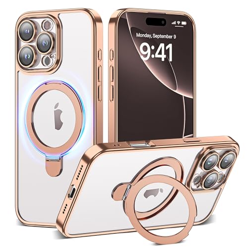 Compatible with iPhone 16 Pro Case with Magnetic Ring Stand [Camera Len Protectors][Compatible with Mag-Safe] Clear Plating Phone Case for iPhone 16 Pro 6.3",Desert Gold - color: Desert Gold, size: iPhone 16 Pro