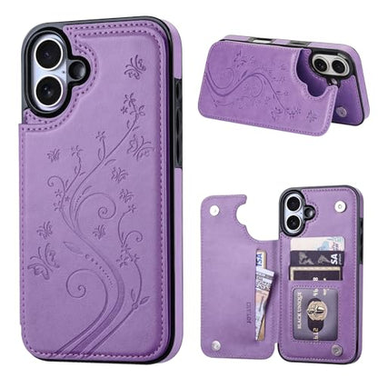 Wallet Case for iPhone 16 Plus,Slim Protective case with Card Holder,Embossed Butterfly Premium PU Leather Kickstand Case with 1 Screen Protective Glass Cover 6.7"-Purple - color: Purple-F, size: iphone 16 Plus 6.7"