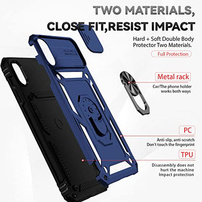 for iPhone XS Max Case with Camera Lens Cover HD Screen Protector, Dual Layer Military Grade Drop Protection Magnetic Ring Holder Kickstand Protective Phone Case for iPhone XS Max 6.5 inch (Navy Blue) - color: Navy Blue with camera cover Military-Grade 2n