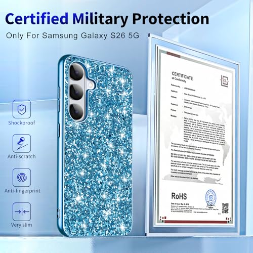Galaxy S26 Glitter Case for Samsung Galaxy S26 5G Phone Case for Women Girls, Slim Ultra Thin Matte Back Shockproof Full Body Protective Cover for Samsung S26 5G, Crystal Bling Case, 2026 (Blue) - color: Blue