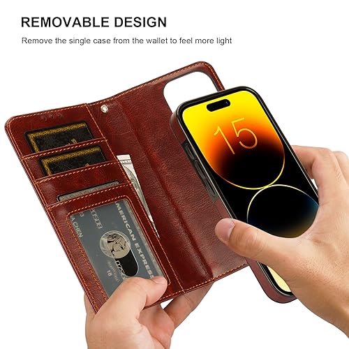 Bocasal Detachable Wallet Case Card Holder for iPhone 15 Pro, Brown | RFID Blocking Kickstand Card Slots Holder PU Leather Magnetic Shockproof Wrist Strap Removable Flip Protective Cover 6.1 inch - color: Brown