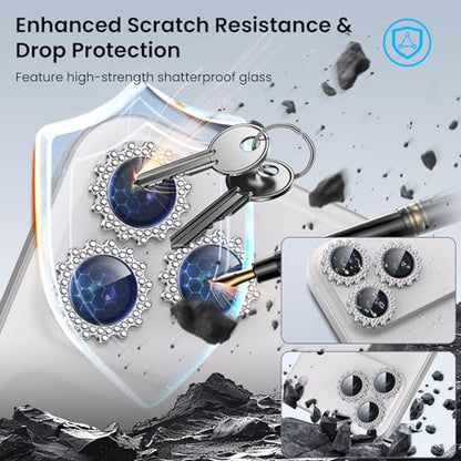 Compatible for iPhone 17 Pro/17 Pro Max Camera Lens Protector, Explosion-Proof 9H Tempered Glass with Diamond Gear Metal Ring, HD Anti-Scratch Lens Protection Decoration Accessories (Silver)