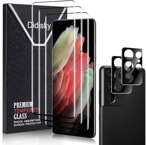 Didisky 3+2 Pack Screen Protector for Samsung Galaxy S21 Ultra Tempered Glass and Camera Lens Protector,3D Curved Full Coverage,Scratch-Resistant, HD,Easy to Use,Bubble Free, 9H
