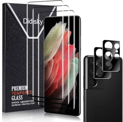 Didisky 3+2 Pack Screen Protector for Samsung Galaxy S21 Ultra Tempered Glass and Camera Lens Protector,3D Curved Full Coverage,Scratch-Resistant, HD,Easy to Use,Bubble Free, 9H