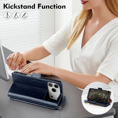 Antsturdy for iPhone 17 Pro Phone Wallet Case Women,Dark Blue | RFID Blocking,with Credit Card Holder Slots,PU Leather Purse,Zipper Pocket,Wrist Strap Kickstand,Flip Folio Cover for Men - color: Dark Blue