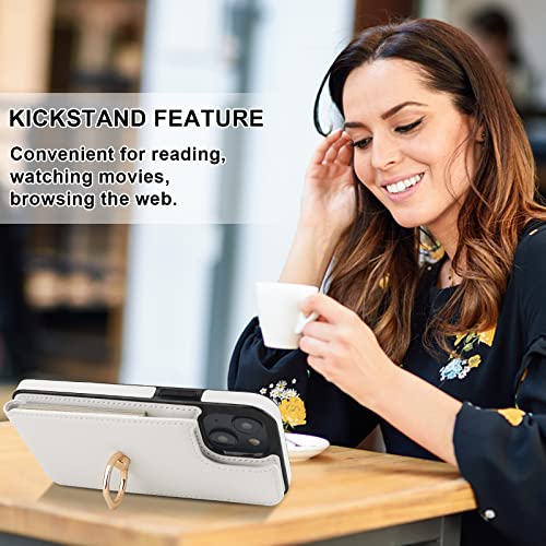 Folosu Compatible with iPhone 14 Plus Case Wallet with Card Holder, 360°Rotation Finger Ring Holder Kickstand, RFID Blocking Leather Protective Double Buttons Shockproof Cover 6.7 Inch White - color: White, size: iPhone 14 Plus