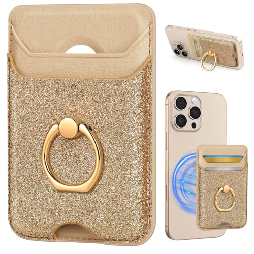 Shorogyt Compatible with Magsafe Wallet with Ring, Glitter Gold - color: Glitter Gold