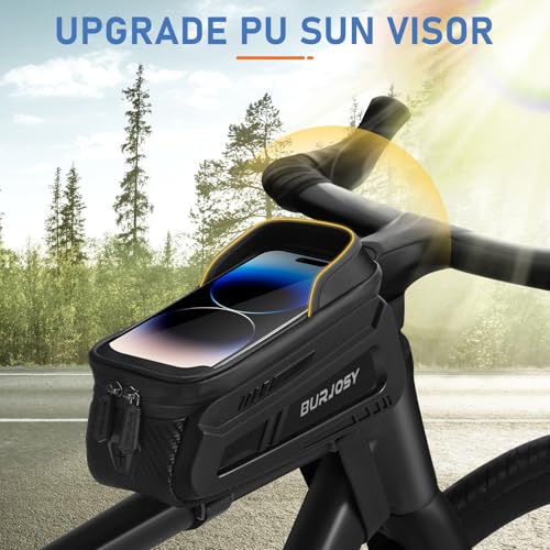 Bike Phone Front Frame Bag, Waterproof Bike Phone Holder Bag with TPU Touch-Screen & Sun-Visor, Bike Bag Accessories Compatible Phone Under 7”
