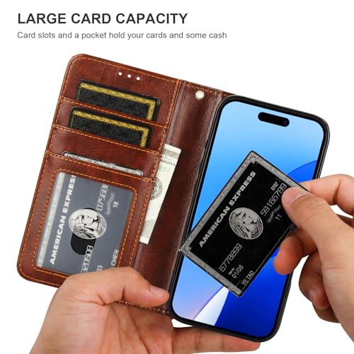 Bocasal Detachable Wallet Case Card Holder for iPhone 16, Brown | RFID Blocking Kickstand Card Slots Holder PU Leather Magnetic Shockproof Wrist Strap Removable Flip Protective Cover 6.1 inch - color: Brown