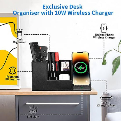 Wireless Charger with Desk Organizer, Fast Charging Station for iPhone 15 14 13 12 11 Pro Max/Samsung Galaxy S23/S22/S21/S20/Z Flip/Fold 5, Desk Phone Charger Stand Office Desktop Organizer Leather