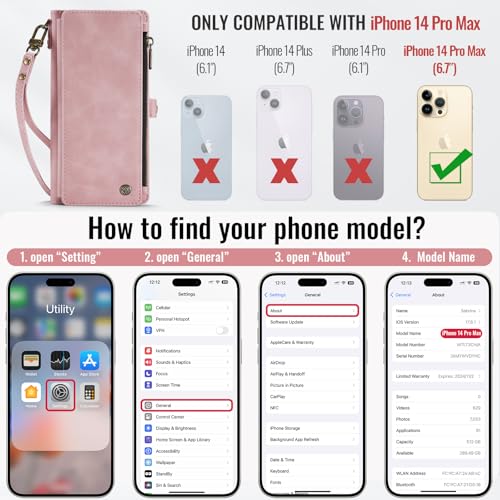 Defencase for iPhone 14 Pro Max Wallet Case with RFID Card Holder, Rosepink | Durable Soft PU Leather, with Zipper Pocket, Wrist Strap, Fashion Snap Flip Phone Cases Cover with Stand for Women and Men - color: Rose Pink