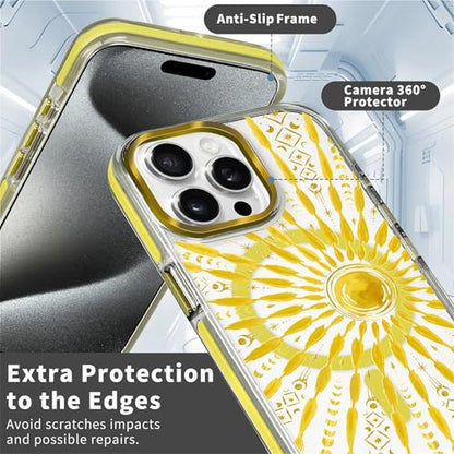 VisEnt Clear Case for iPhone 15 Pro, Magnetic Phone Case, Transparent Slim Cover, Military Grade Protection, Shockproof, Anti-Yellowing, Scratch Resistant, Folk Gold Sun - color: Folk Gold Sun, size: Iphone 15 Pro
