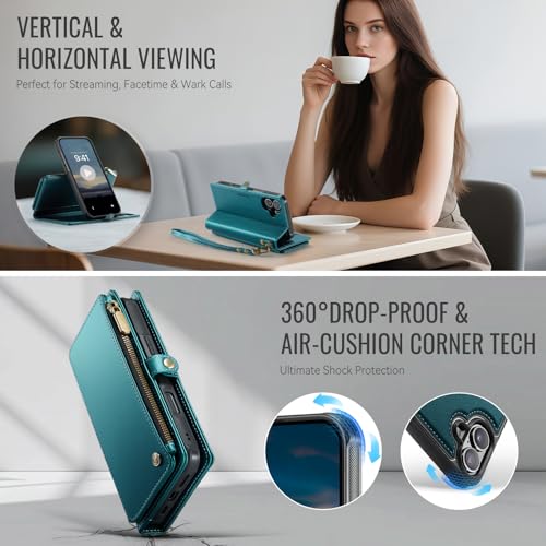 Defencase for iPhone 17 Phone Case Wallet Compatible with Magsafe, Green | Magnetic Detachable, Drop-Proof Protective Wallet Cases Cover, with RFID Bolcking Card Holder, Zipper Strap, Soft PU Leather - color: (Detachable with Magsafe)-Blue Green