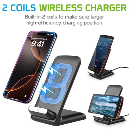 Dual Coil Wireless Charger, 10W Max Wireless Charging Pad, Compatible for iPhones, Samsung Galaxy Smartphones, Google Pixels (Fast Charger Stand)