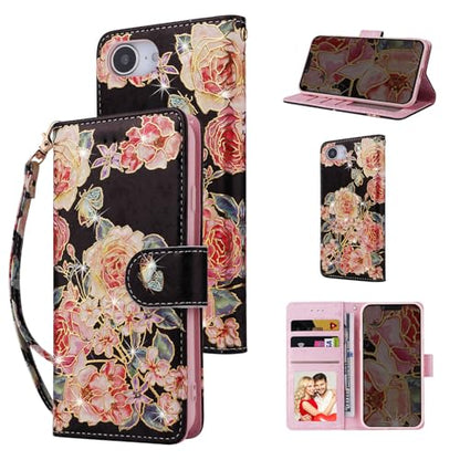 UEEBAI Wallet Case for iPhone 17e/iPhone 16e, PU Leather Phone Cover Kickstand RFID Blocking Flip Case Card Slots Wrist Strap Relief Engraved Pattern Magnetic Closure Flower Folio Wallet, Black Rose - color: Black Rose, size: iPhone 17e/16e