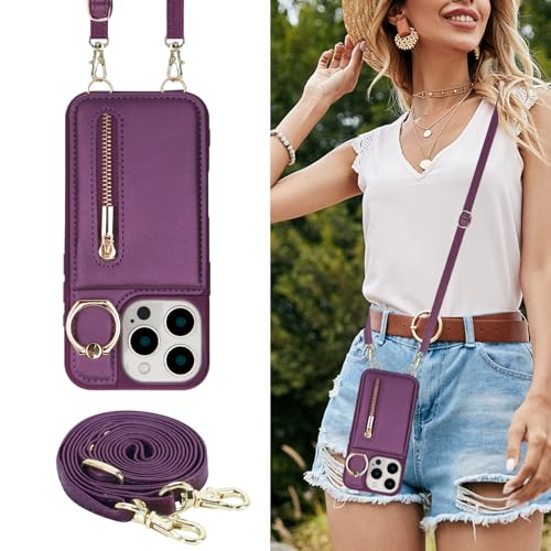 Crossbody Wallet Case for iPhone 12 Pro Max, with Card Slots Zipper Pocket Case, Flip Folio Purse RFID Blocking with Ring Kickstand Detachable Strap-Lavender - color: Lavender, size: iPhone 12 Pro Max(6.7")