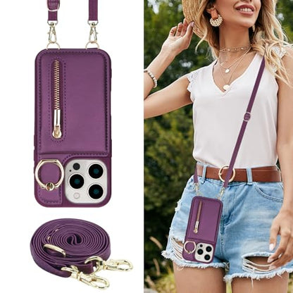 Crossbody Wallet Case for iPhone 12 Pro Max, with Card Slots Zipper Pocket Case, Flip Folio Purse RFID Blocking with Ring Kickstand Detachable Strap-Lavender - color: Lavender, size: iPhone 12 Pro Max(6.7")