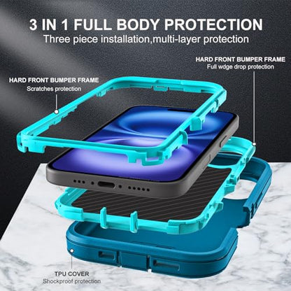 YKHJKLEC for iPhone 16 Case, Military Grade 3 in 1 Heavy Duty Shockproof/Drop Proof/Dust Proof Case with 2Pcs Tempered Glass Screen Protector (Blue/Turquoise) - color: Blue/Turquoise
