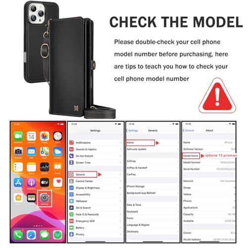 for Wallet Case Compatible with iPhone 15 Pro Max,Multi-Function Detachable 2 in 1 Magnetic iPhone 15 Pro Max Case Wallet,Flip Strap Zipper Card Holder Phone Case with Shoulder Straps (Black) - color: Black, size: iPhone 15 pro max