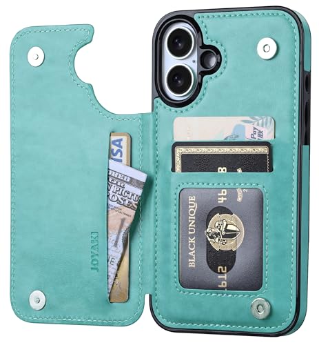 Wallet Case Compatible with iPhone 16 6.1”, Slim Protective Case with Card Holder,Premium PU Leather Kickstand Card Slots Case with Double Magnetic Clasp -Green - color: Green-F, size: iphone 16 6.1"