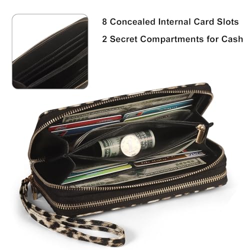 RFID Blocking Cellphone Wallet for Women with Removable Strap, Double Zipper Wristlet Bag Large Capacity, Passport Travel Clutch Purse, Leopard - color: Leopard Light Brown