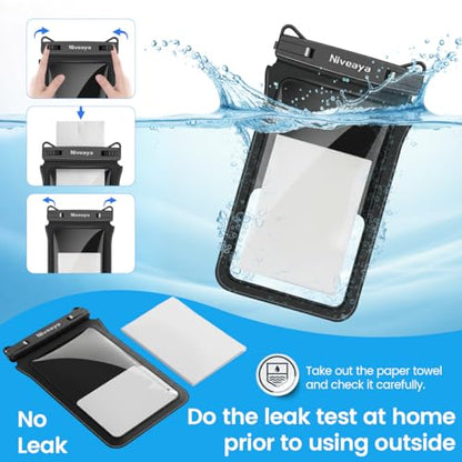Niveaya Double Space Waterproof Phone Pouch - 2 Pack, Waterproof Phone Lanyard Case with iPhone 17/16/15/14/13 Pro Max up to 8.3", Phone Dry Bags for Vacation Beach Pool Kayak Cruise Travel Essentials - color: Black + White, size: Medium 8.3"