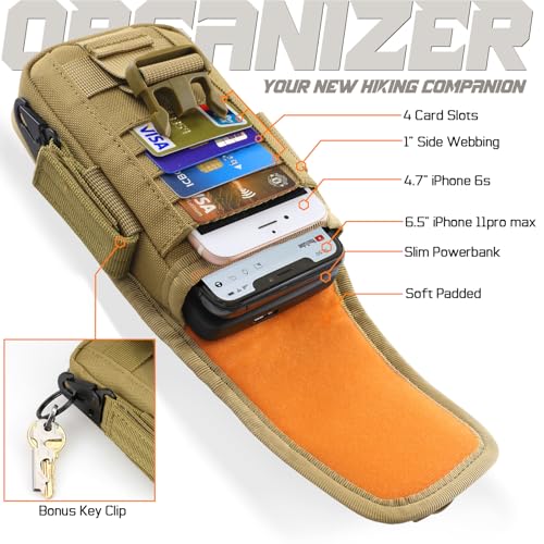 WYNEX Tactical Phone Pouch Molle, Phone Blet Holder Fit 4.0-6.7" Screen | Cellphone Holster with 2 compartmen & Card Organizer, Include Tactical Gear Clip, 1000D Nylon - color: Khaki