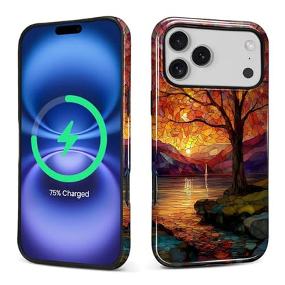 Magnetic Phone Case for iPhone 17 Pro Max,Compatible with MagSafe,Durable 2 Layers Full Covered Shockproof Protective Cover-Stained Glass Sunrise Fall Leaves - color: Stained Glass Sunrise Fall Leaves, size: iPhone 17 Pro Max