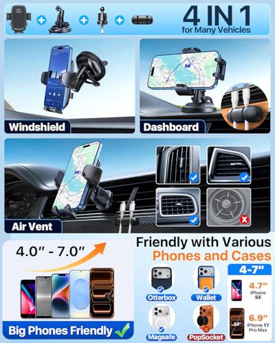 HTU 2026 Latest Upgrade Military-Grade Anti-Shake 90+LBS Car Phone Holder - color: Deep Black