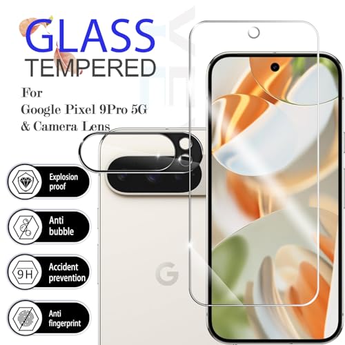 Screen Protector for Google Pixel 9 Pro, [2+2 Pack] Tempered Glass for Pixel 9 Pro & Camera Lens Protectors[Ultrasonic Fingerprint Unlock] [Case Friendly] [Bubble-Free] 6.3 Inches - size: Google Pixel 9 Pro