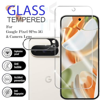Screen Protector for Google Pixel 9 Pro, [2+2 Pack] Tempered Glass for Pixel 9 Pro & Camera Lens Protectors[Ultrasonic Fingerprint Unlock] [Case Friendly] [Bubble-Free] 6.3 Inches - size: Google Pixel 9 Pro