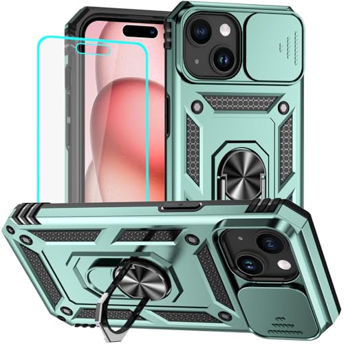 HNHYGETE for iPhone 15 Case with HD Screen Protector: [Military Grade 20ft. Drop Tested] Ring Shockproof Protective Phone Case for - iPhone 15 Dark Green - color: Dark Green, size: iPhone 15