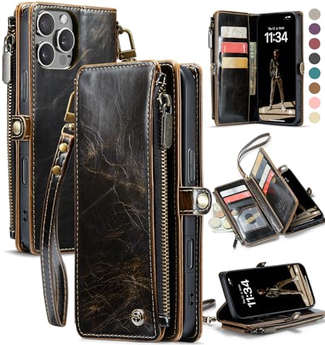 Defencase for iPhone 16 Pro Max Wallet Case with RFID Card Holder, Coffee | Durable Soft PU Leather, with Zipper Pocket, Wrist Strap, Fashion Snap Flip Phone Cases Cover with Stand for Women and Men - color: Coffee